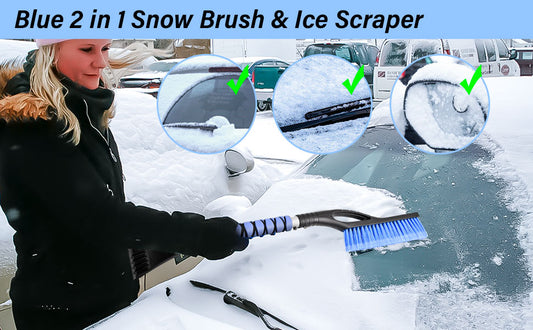 Snow Brush and Detachable Ice Scraper with Ergonomic Foam Grip for Cars, Trucks, SUVs (Heavy Duty ABS, PVC Brush, Blue)